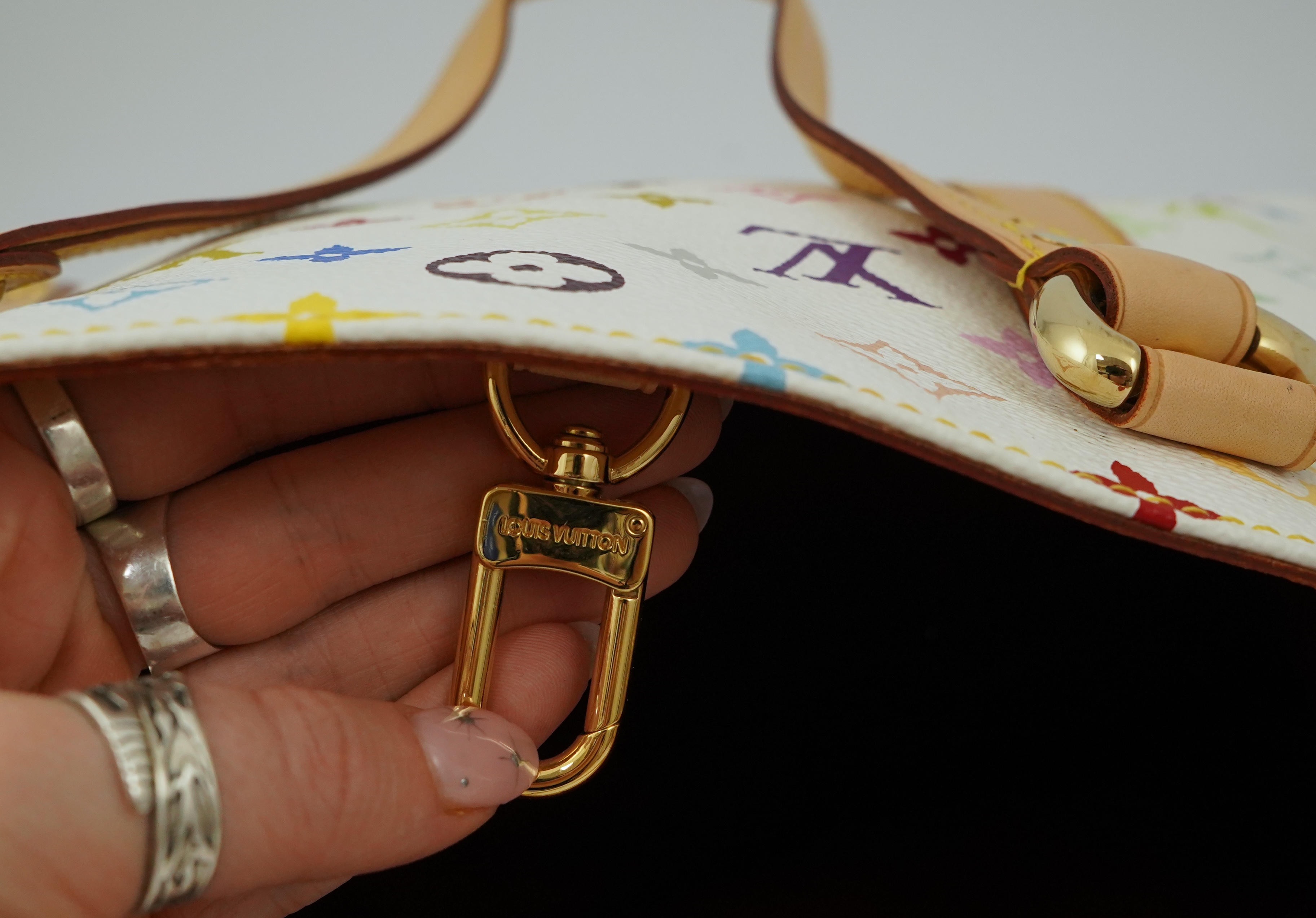 A Louis Vuitton x Takashi Murakami white / monogram multicolour coated canvas handbag with natural cowhide trim